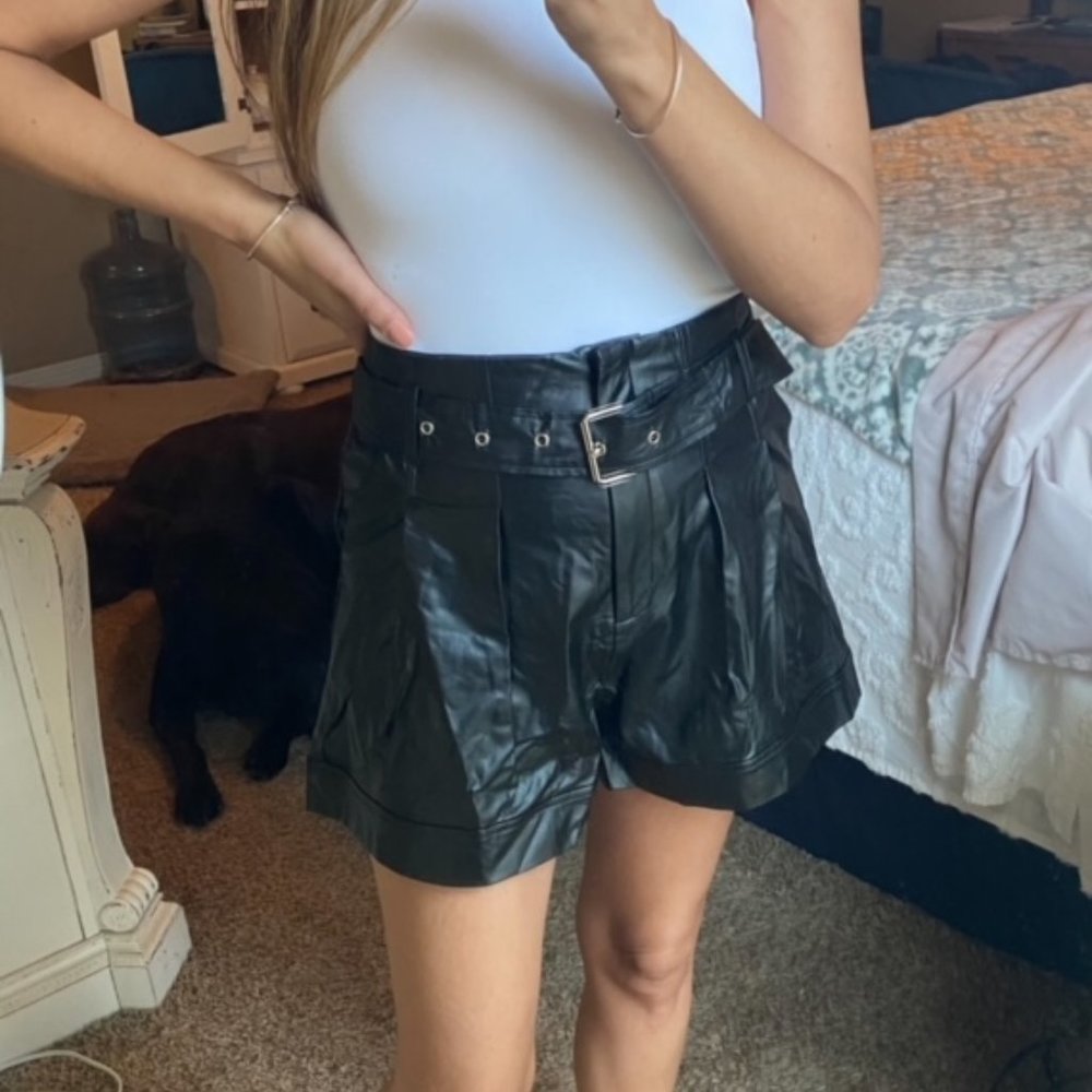Black Faux Leather High-Waisted Buckle shorts